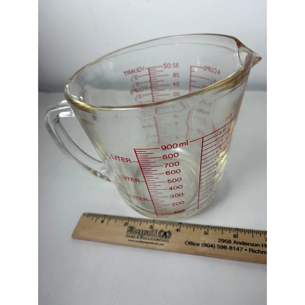 Vtg Fire-King Anchor Hocking 4 Cup Glass Measuring Cup Red Lettering 1 Quart USA